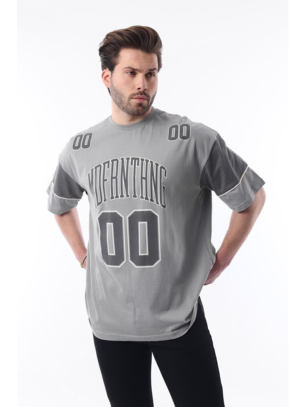 Boyalı Gri Baskılı Pamuklu Oversize Erkek %100 Pamuk Tişört 7035-2