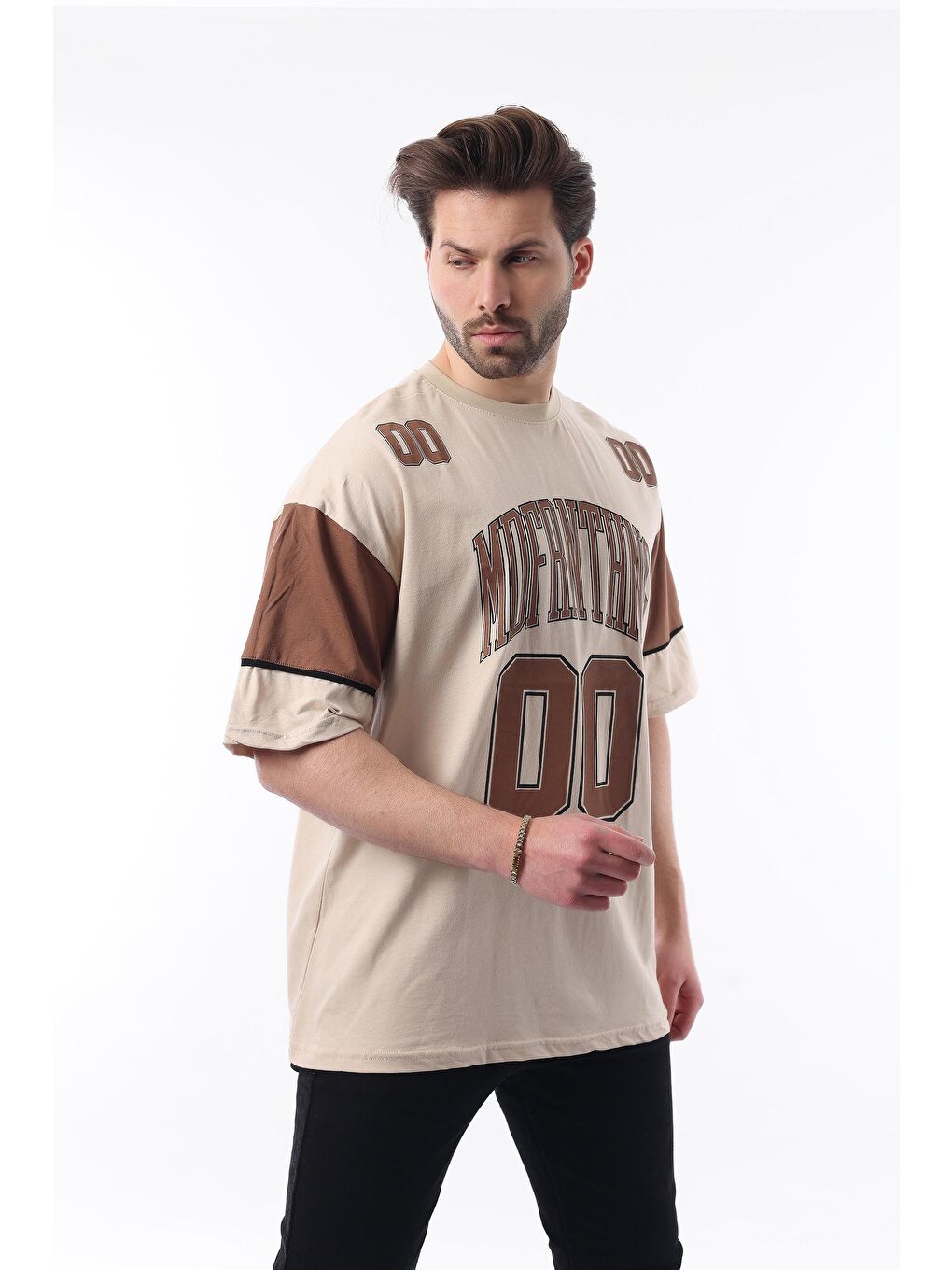 Bej Baskılı Pamuklu Oversize Erkek %100 Pamuk Tişört 7035-1