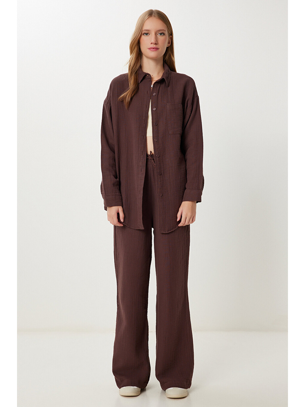 Kahverengi Oversize Müslin Gömlek Pantolon Takım KOYU KAHVERENGİ LSA0014-1