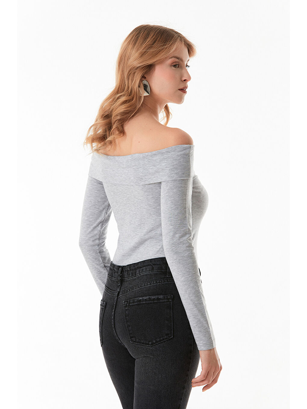 Gri Basic Madonna Yaka Bluz-4