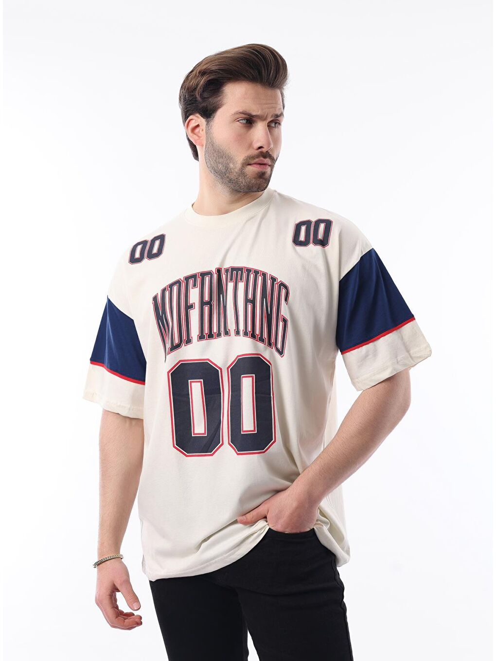 Ekru Baskılı Pamuklu Oversize Erkek %100 Pamuk Tişört 7035-1