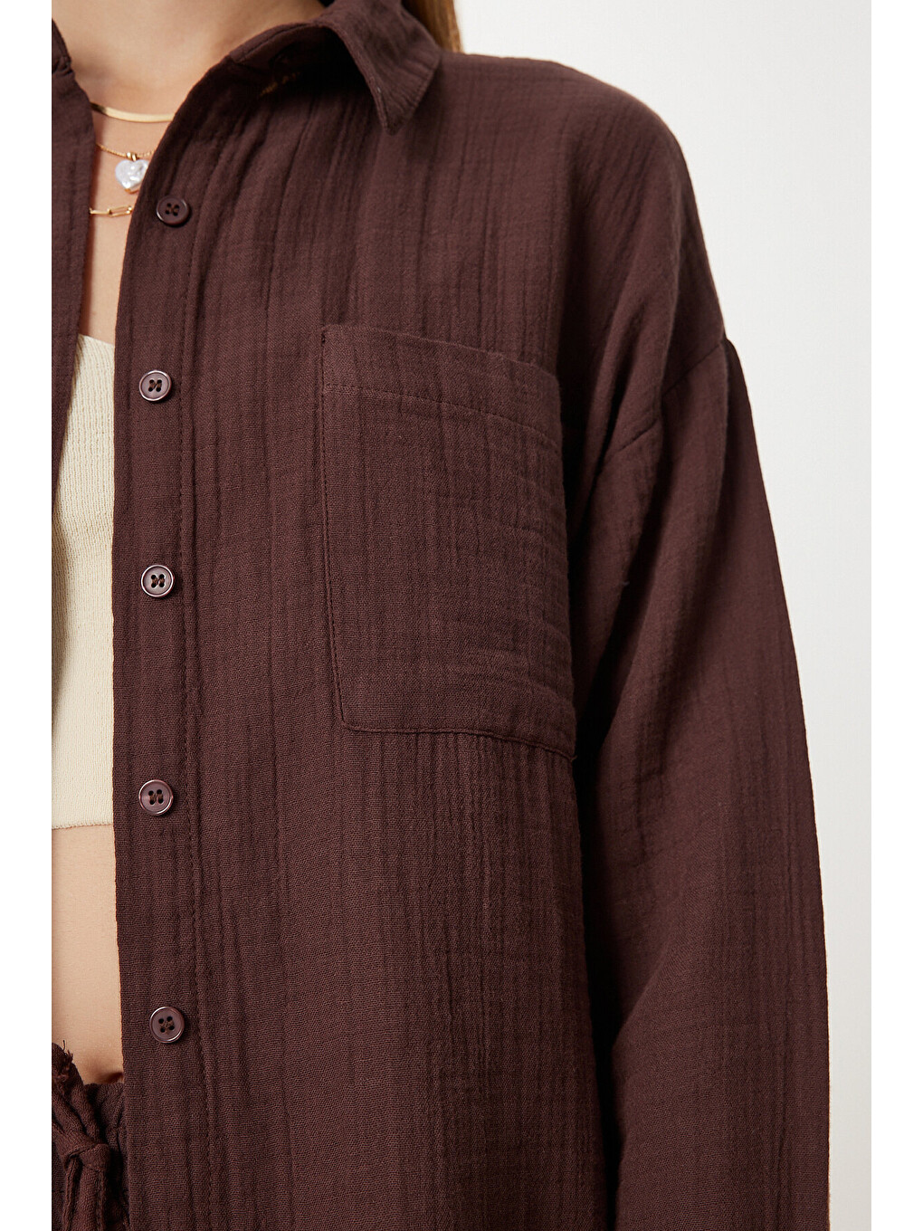 Kahverengi Oversize Müslin Gömlek Pantolon Takım KOYU KAHVERENGİ LSA0014-2