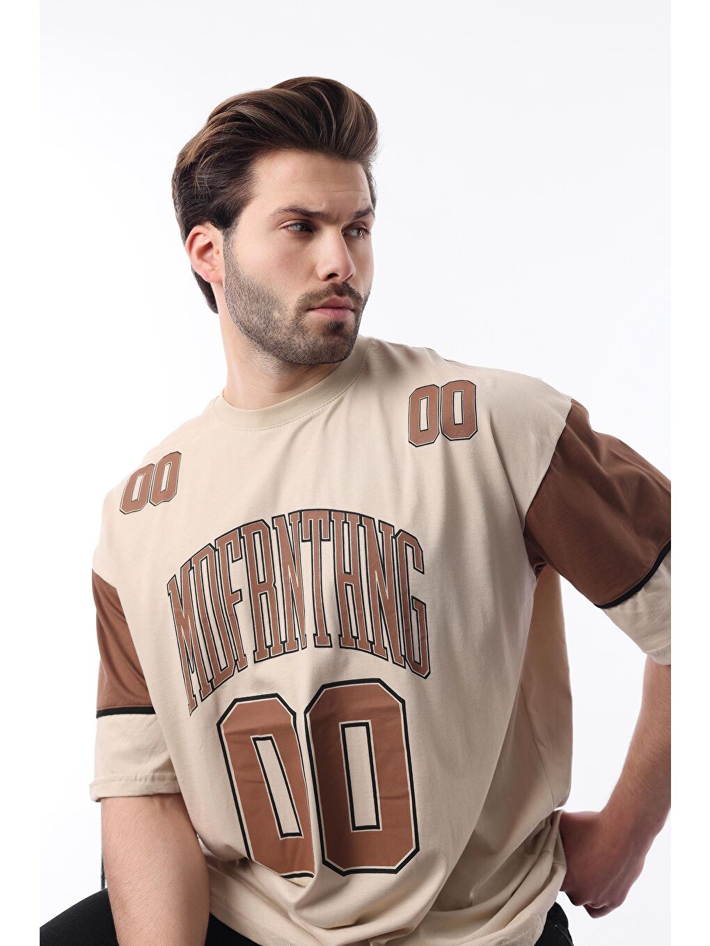 Bej Baskılı Pamuklu Oversize Erkek %100 Pamuk Tişört 7035-2