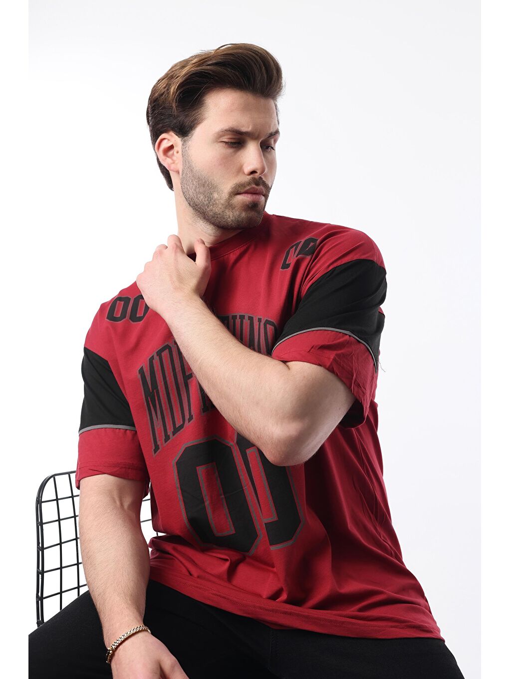 Bordo Baskılı Pamuklu Oversize Erkek T-Shirt 7035