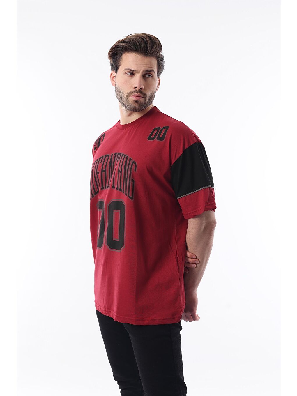 Bordo Baskılı Pamuklu Oversize Erkek T-Shirt 7035-1