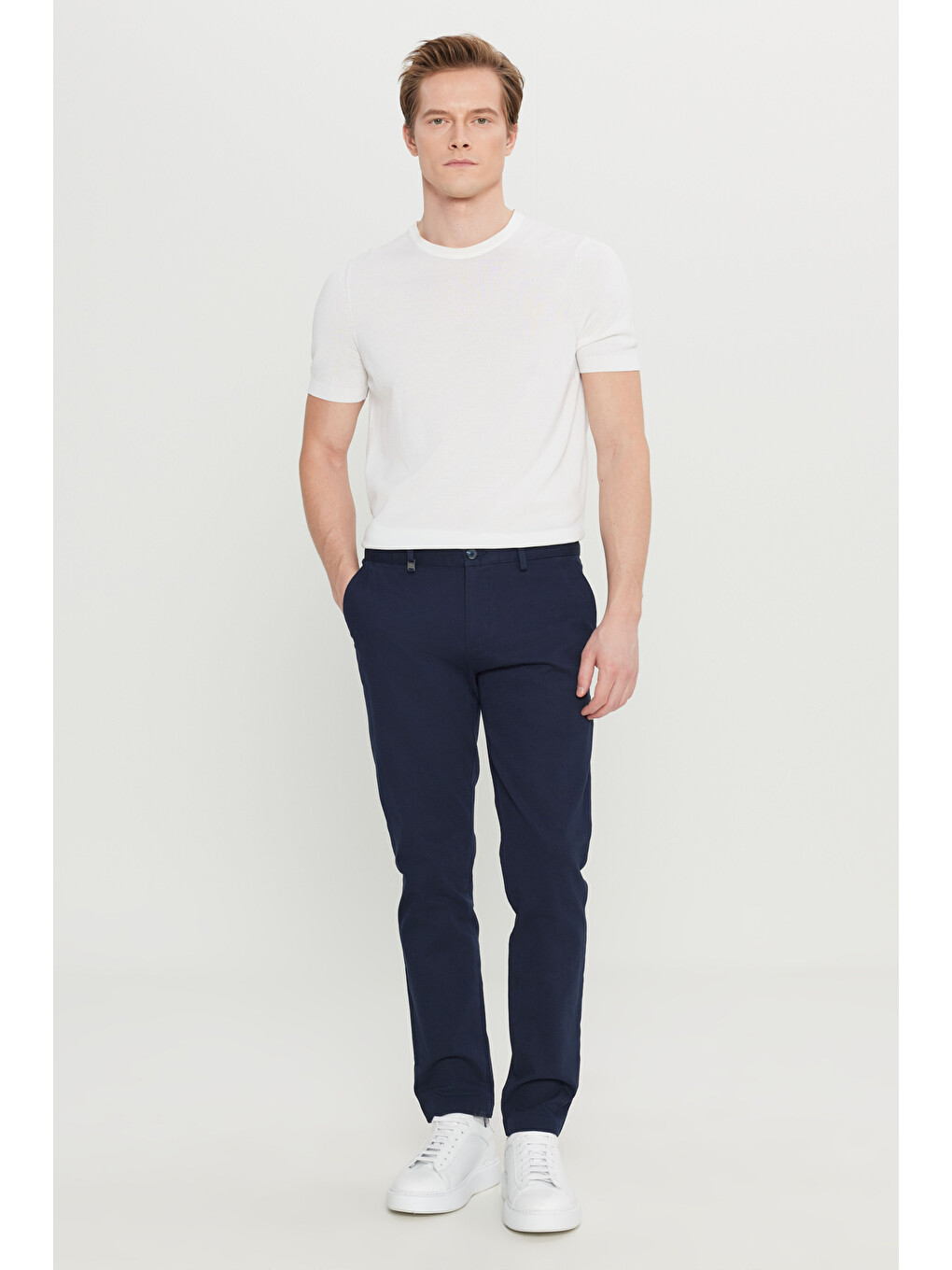 Erkek Lacivert Pamuklu Slim Fit Dar Kesim Yan Cep Armürlü Esnek Casual Pantolon-1