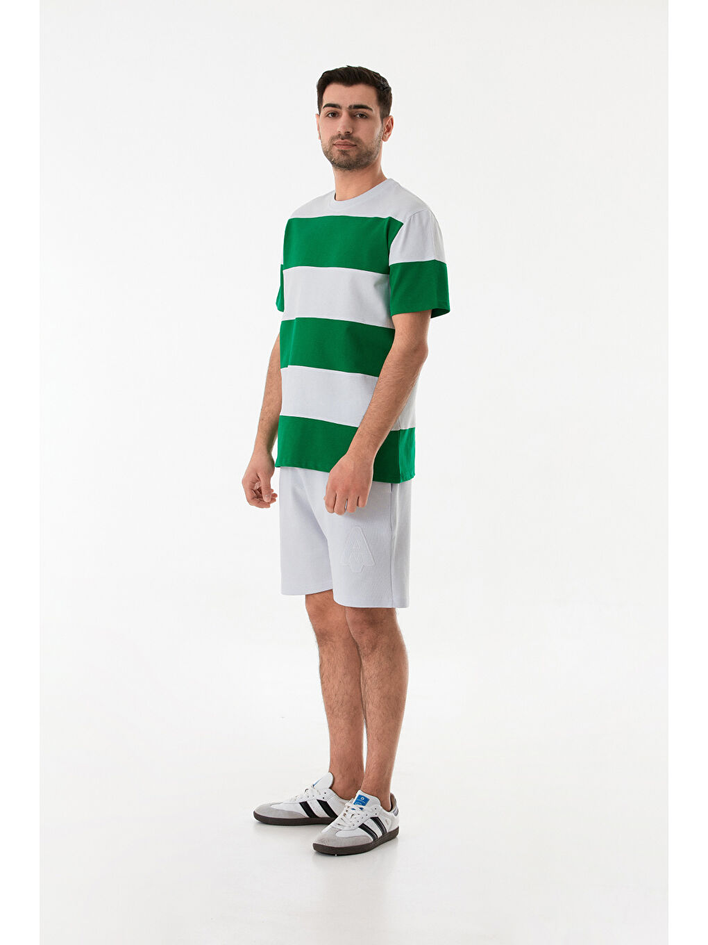 Yeşil Şeritli Bisiklet Yaka Oversize Tişört-1