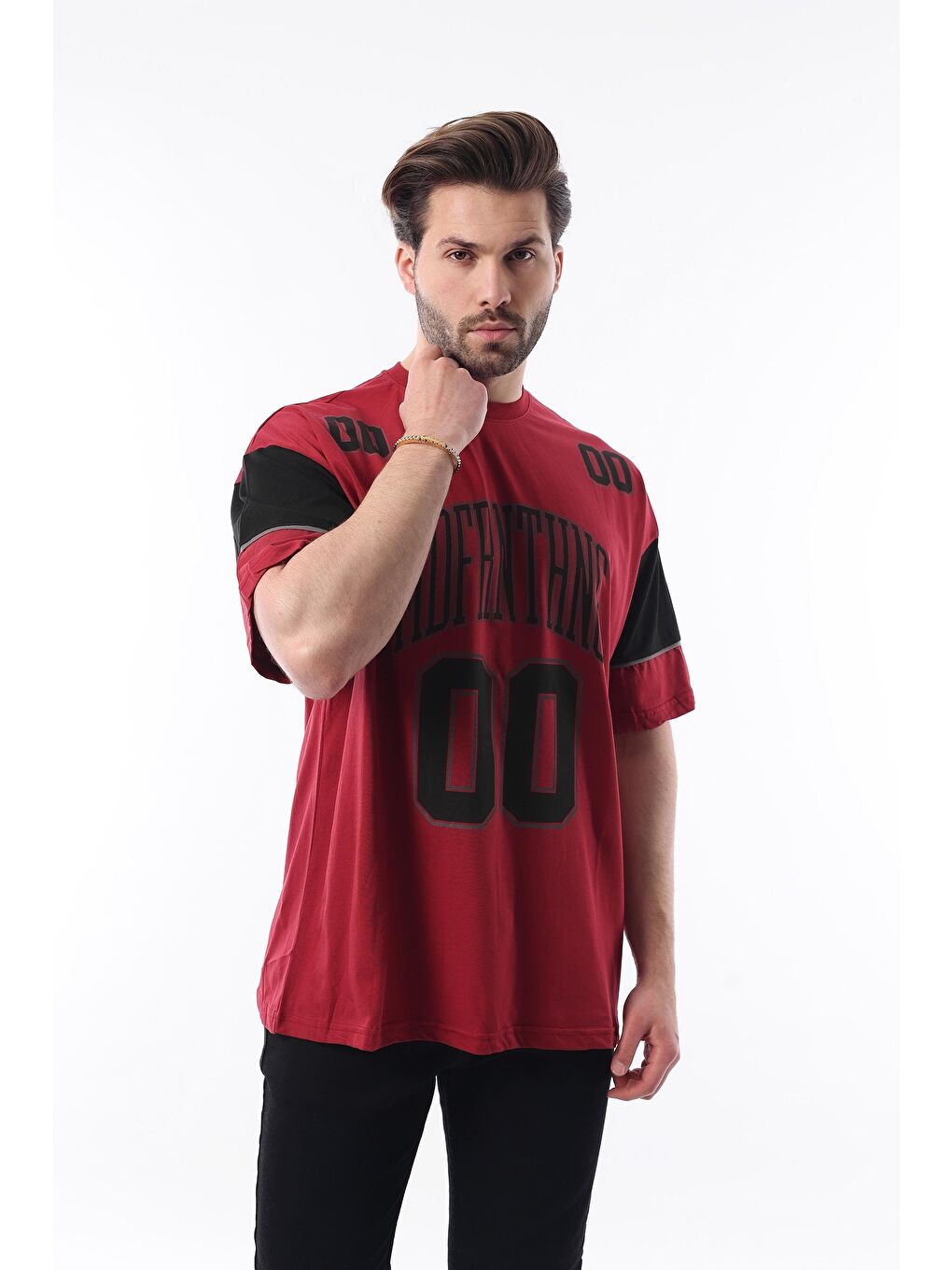 Bordo Baskılı Pamuklu Oversize Erkek T-Shirt 7035-2