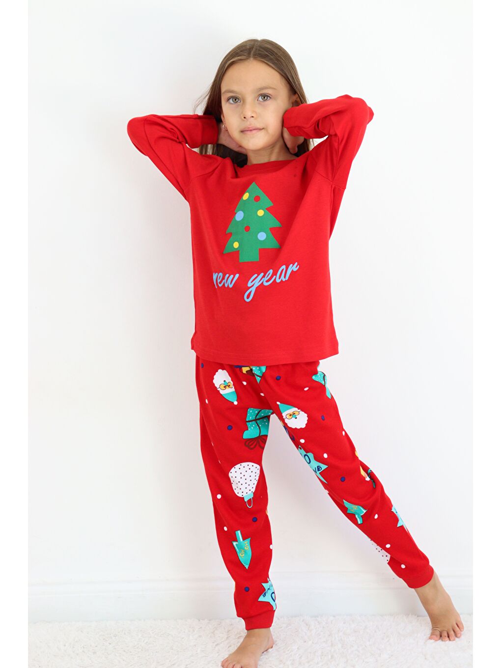 Kırmızı Kız Çocuk Orta Kalınlıkta Basic Baskılı Pijama Takımı-5