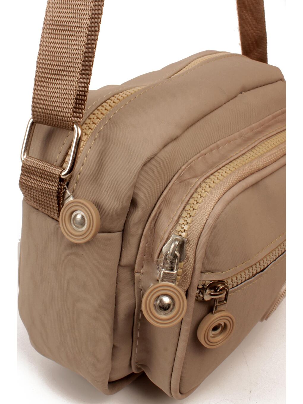 Bej Kadın Üç Bölmeli Anne Tarz Krinkıl Kumaş Fermuar Kapama Dokuma Kolon Askılı Omuz Çantası (20828)-1