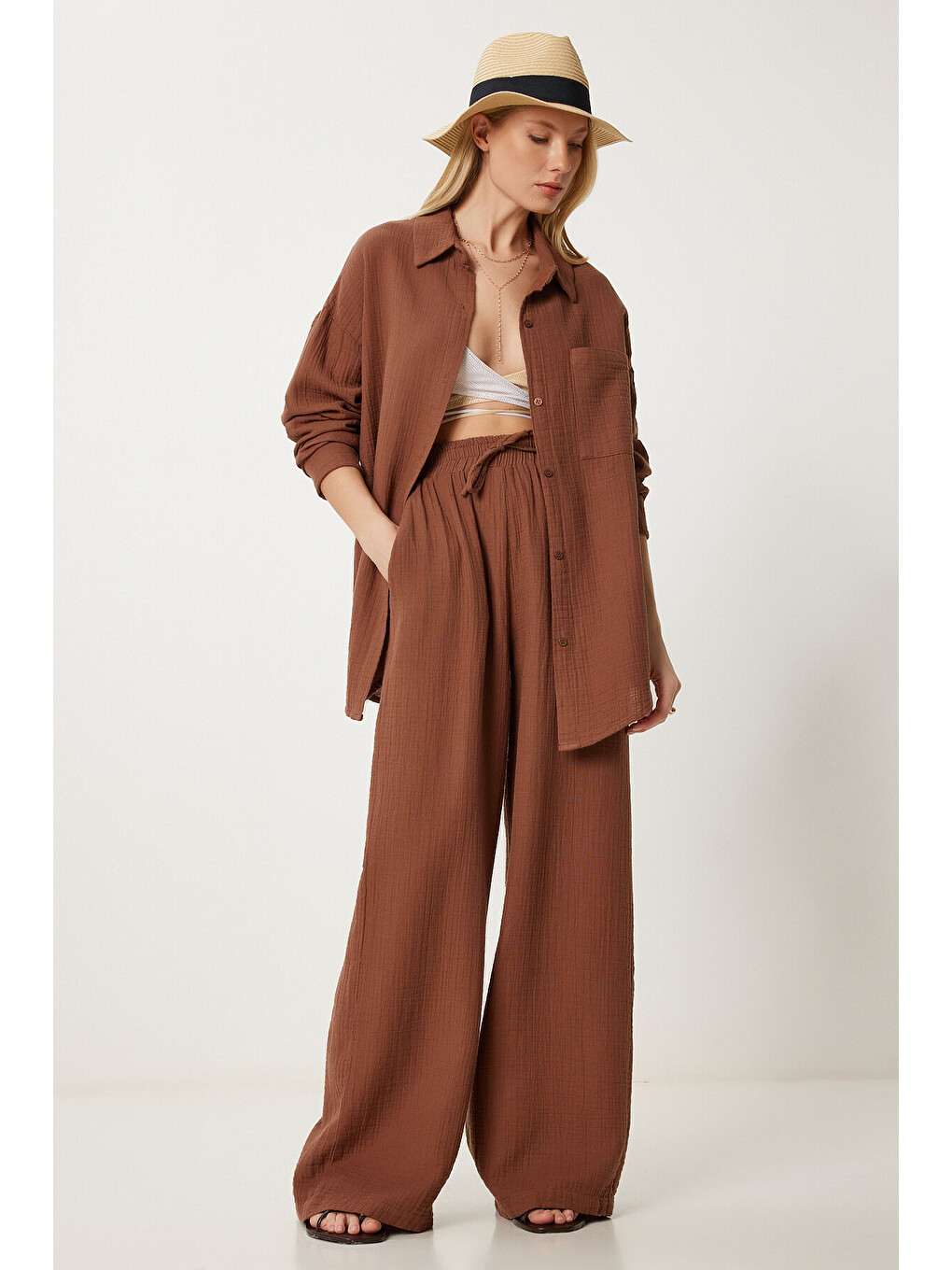 Kahverengi Oversize Müslin Gömlek Pantolon Takım KAHVERENGİ LSA0014-1