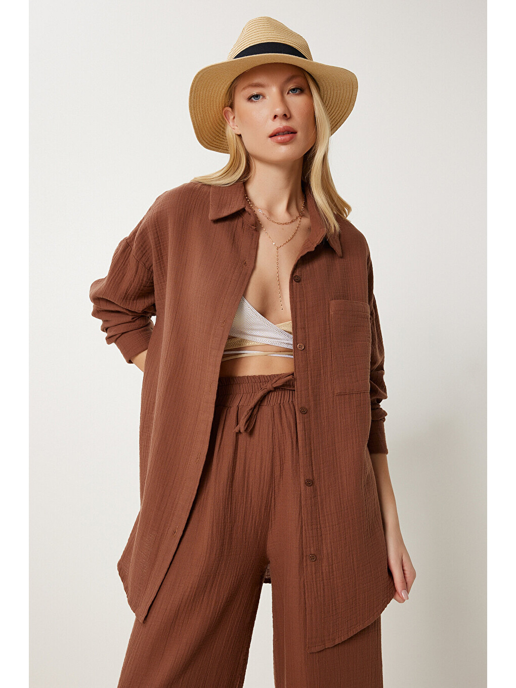 Kahverengi Oversize Müslin Gömlek Pantolon Takım KAHVERENGİ LSA0014-2
