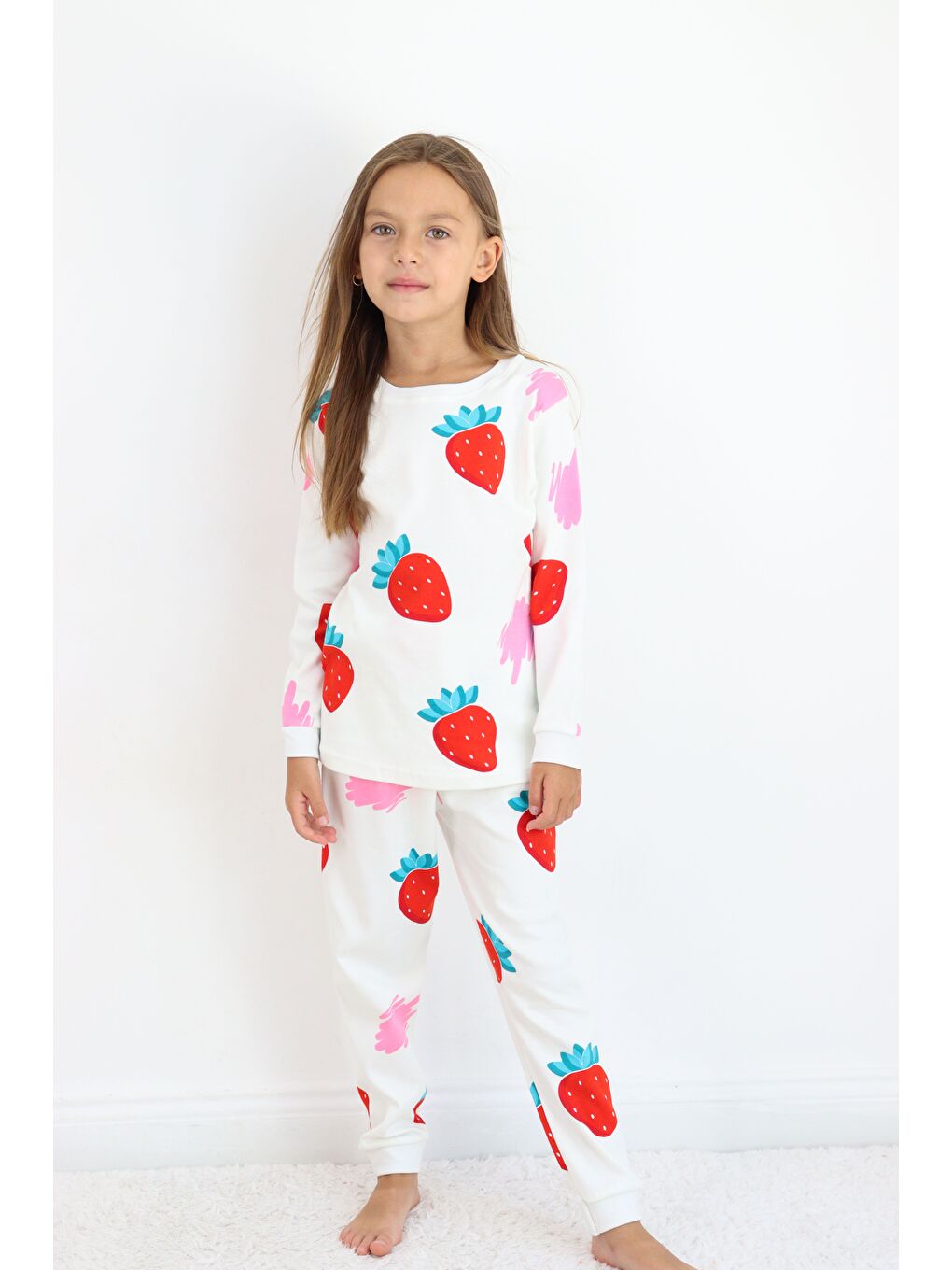 Beyaz Kız Çocuk Orta Kalınlıkta Basic Baskılı Pijama Takımı-6