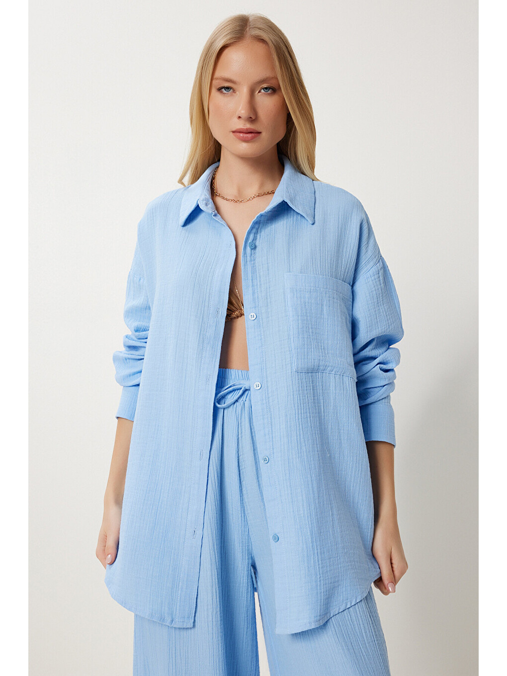 Mavi Oversize Müslin Gömlek Pantolon Takım GÖK MAVİ LSA0014-2