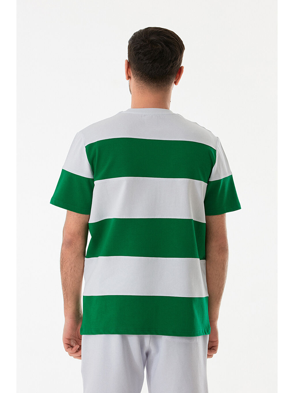 Yeşil Şeritli Bisiklet Yaka Oversize Tişört-2