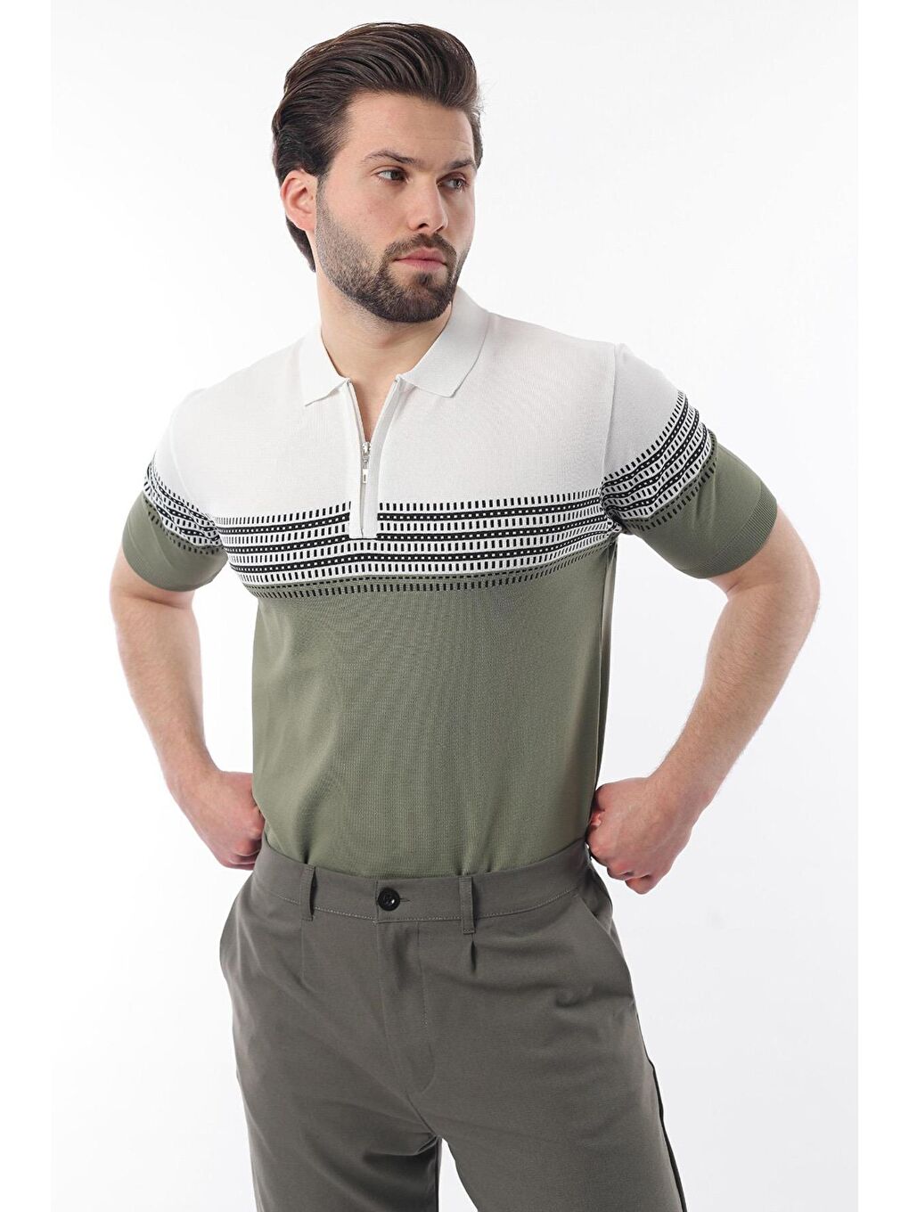 Beyaz Fermuarlı Polo Yaka Desenli Erkek Tişört E7296-1