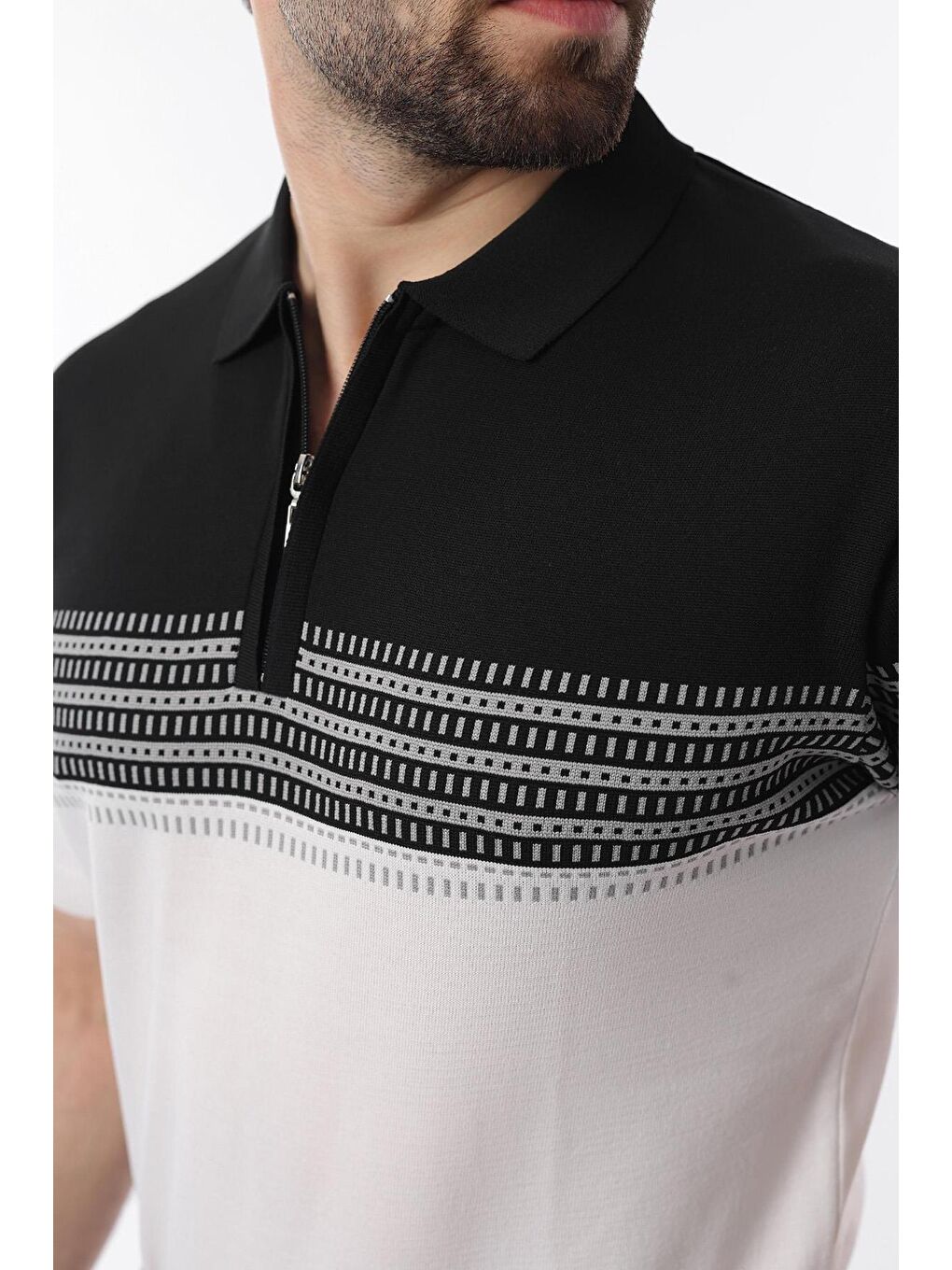 Siyah Fermuarlı Polo Yaka Desenli Erkek T-Shirt E7296-2