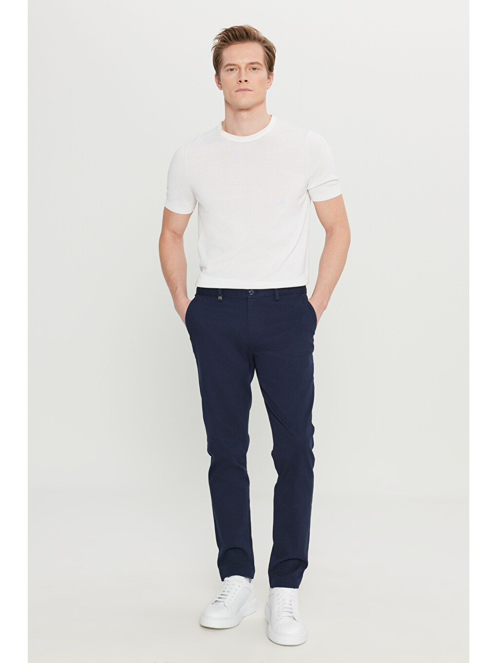Erkek Lacivert Pamuklu Slim Fit Dar Kesim Yan Cep Armürlü Esnek Casual Pantolon-2