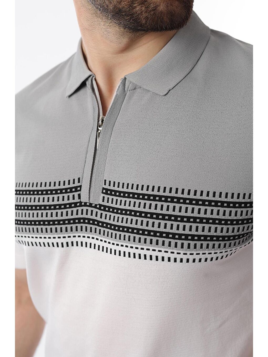 Gri Fermuarlı Polo Yaka Desenli Erkek T-Shirt E7296-1