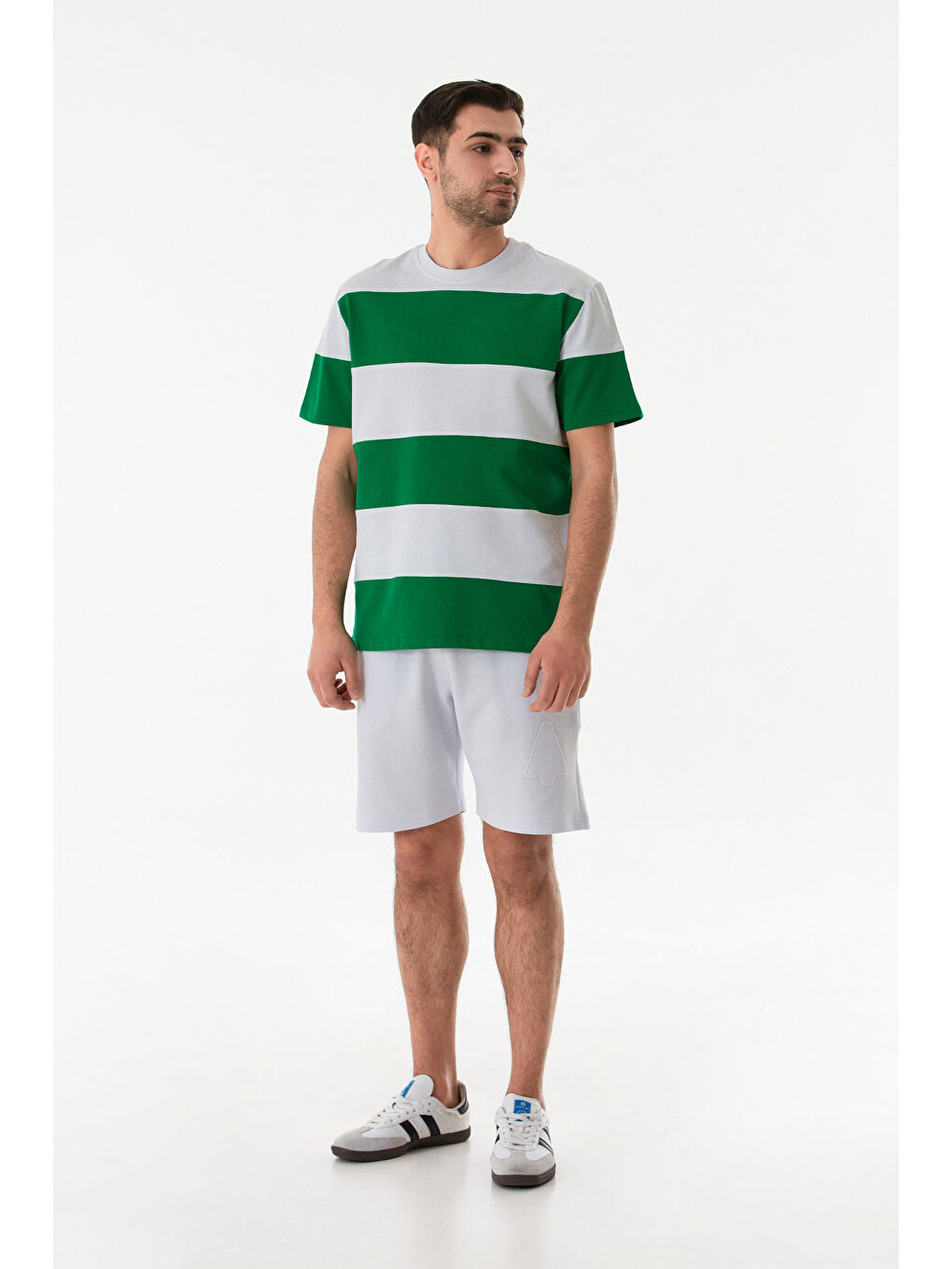 Yeşil Şeritli Bisiklet Yaka Oversize Tişört-3