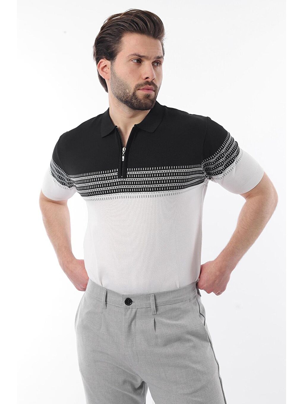 Siyah Fermuarlı Polo Yaka Desenli Erkek T-Shirt E7296-3