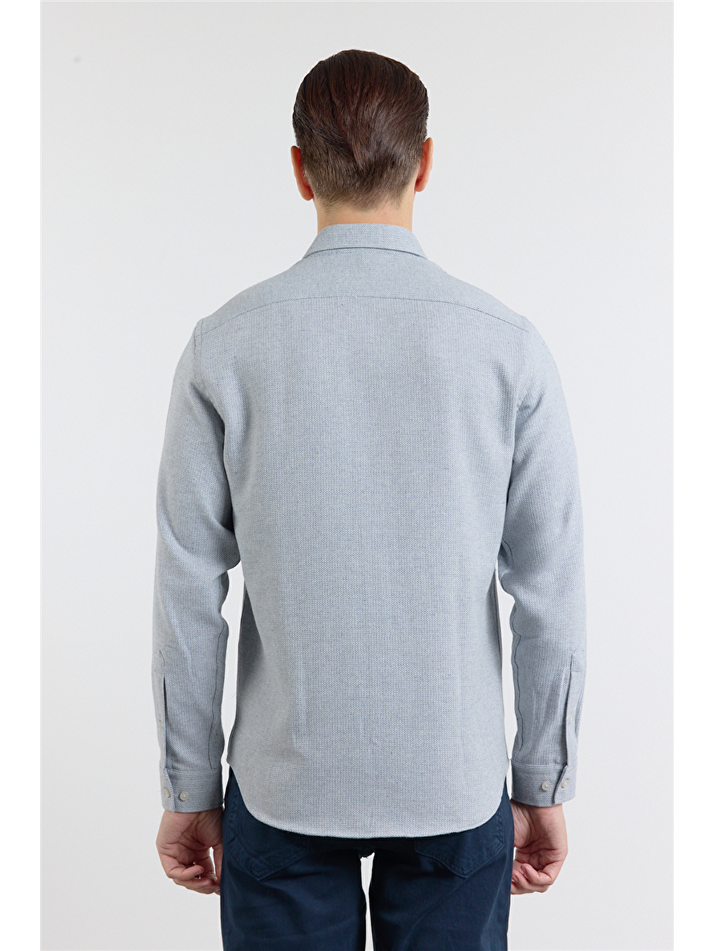 Mavi - Beyaz Düğmeli Yaka Uzun Kol Cepsiz Slim Fit Pamuklu Gömlek 1004260164-4