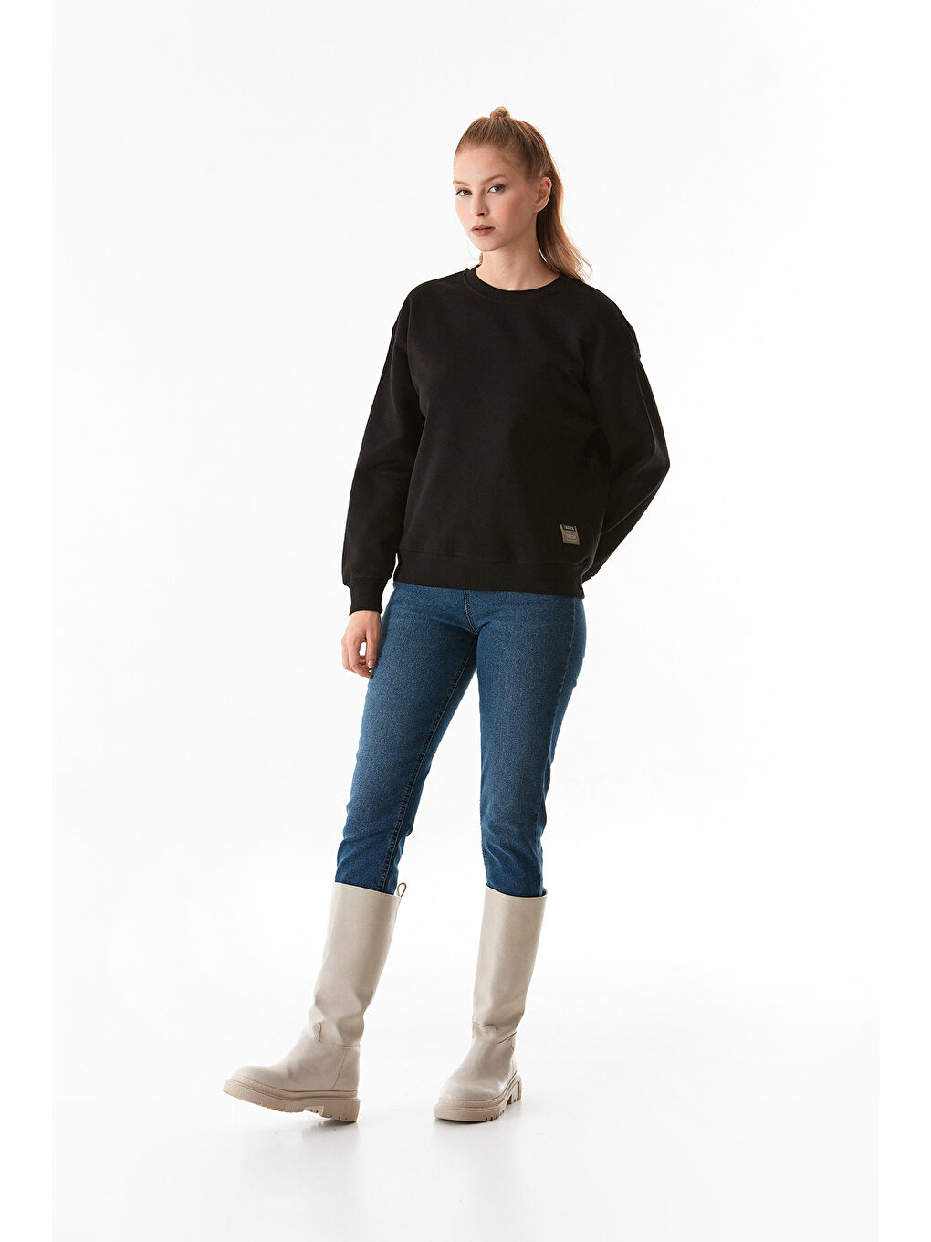 Fullamoda Siyah Basic Bisiklet Yaka Sweatshirt - 1