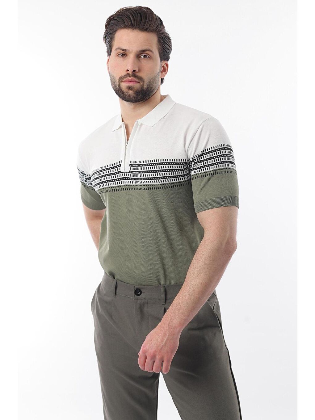 Beyaz Fermuarlı Polo Yaka Desenli Erkek Tişört E7296-3