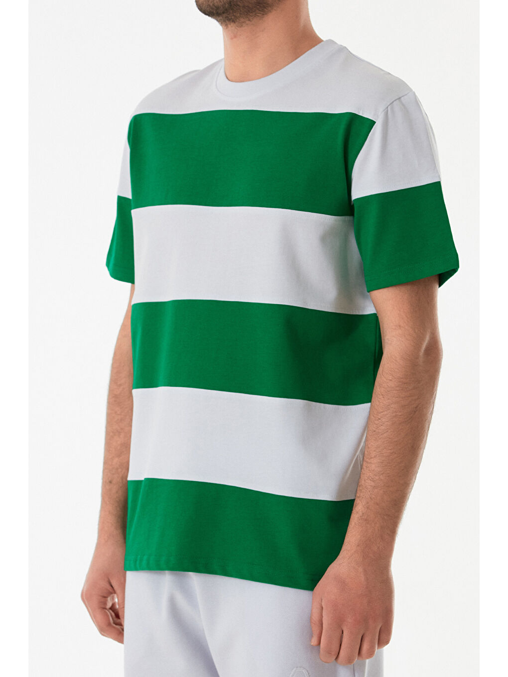 Yeşil Şeritli Bisiklet Yaka Oversize Tişört-4