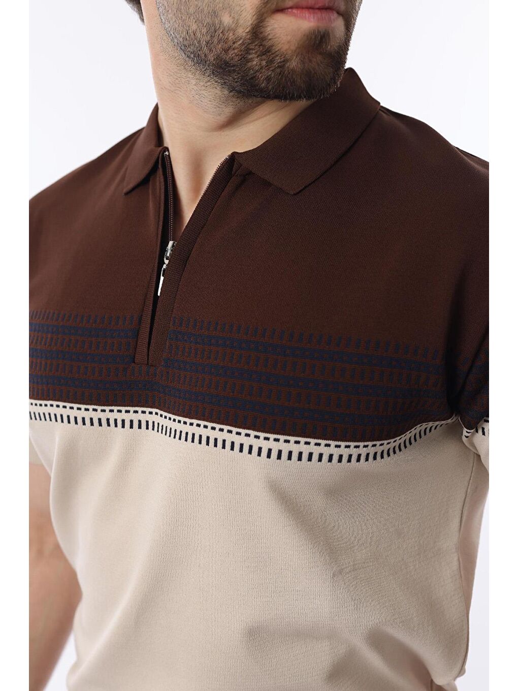 Kahverengi Fermuarlı Polo Yaka Desenli Erkek T-Shirt E7296-1