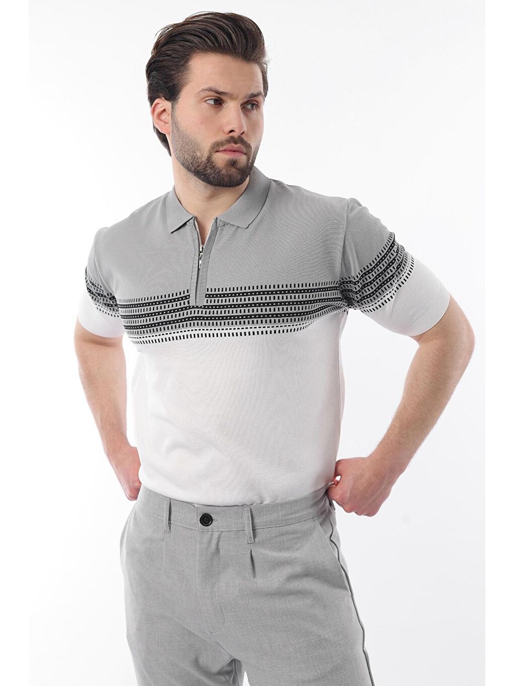 Gri Fermuarlı Polo Yaka Desenli Erkek T-Shirt E7296-2