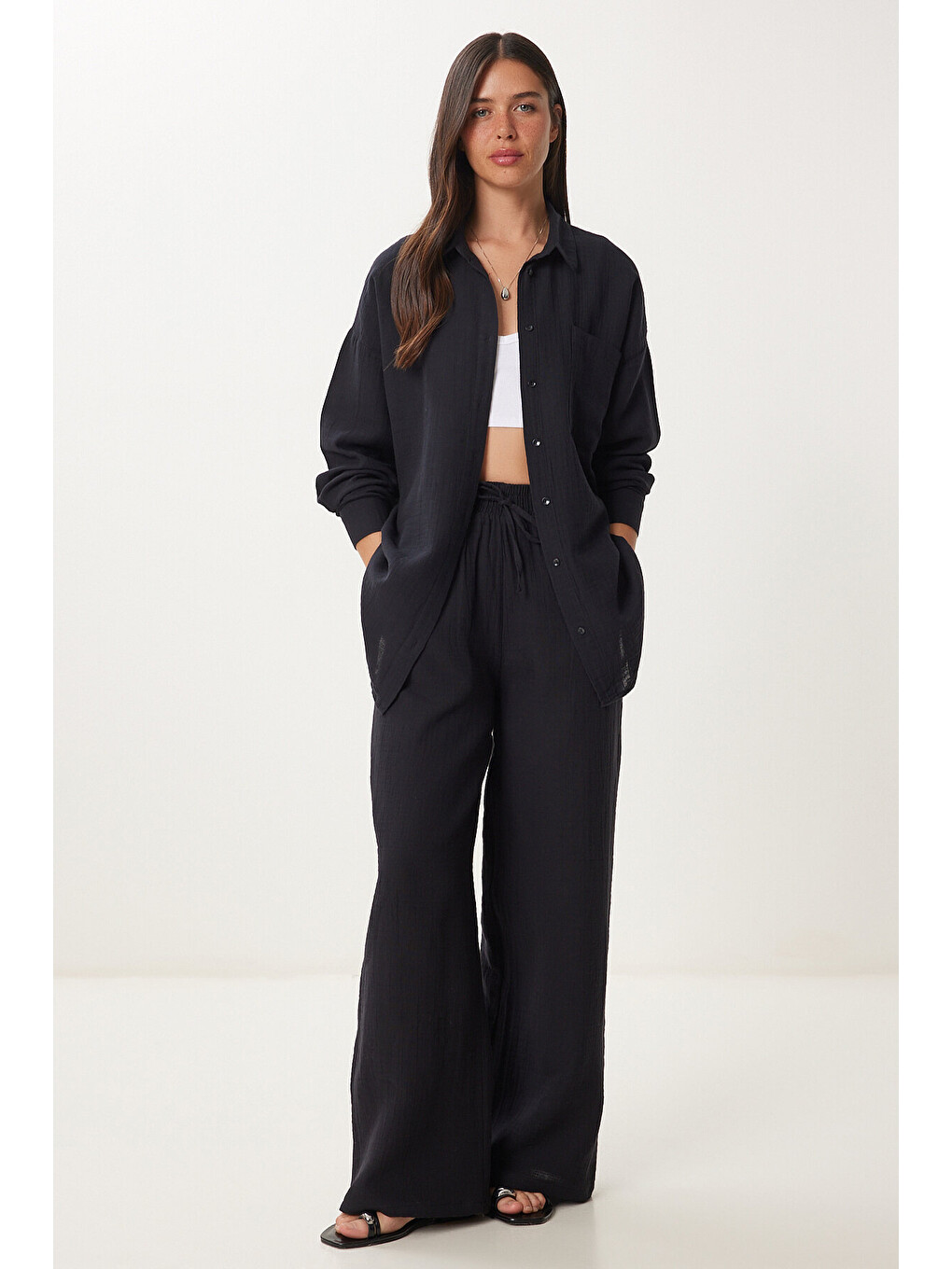 Siyah Oversize Müslin Gömlek Pantolon Takım SİYAH LSA0014-1