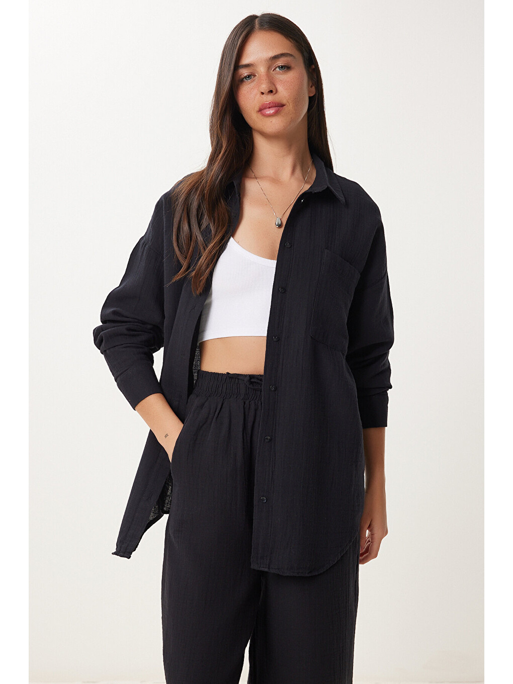 Siyah Oversize Müslin Gömlek Pantolon Takım SİYAH LSA0014-2