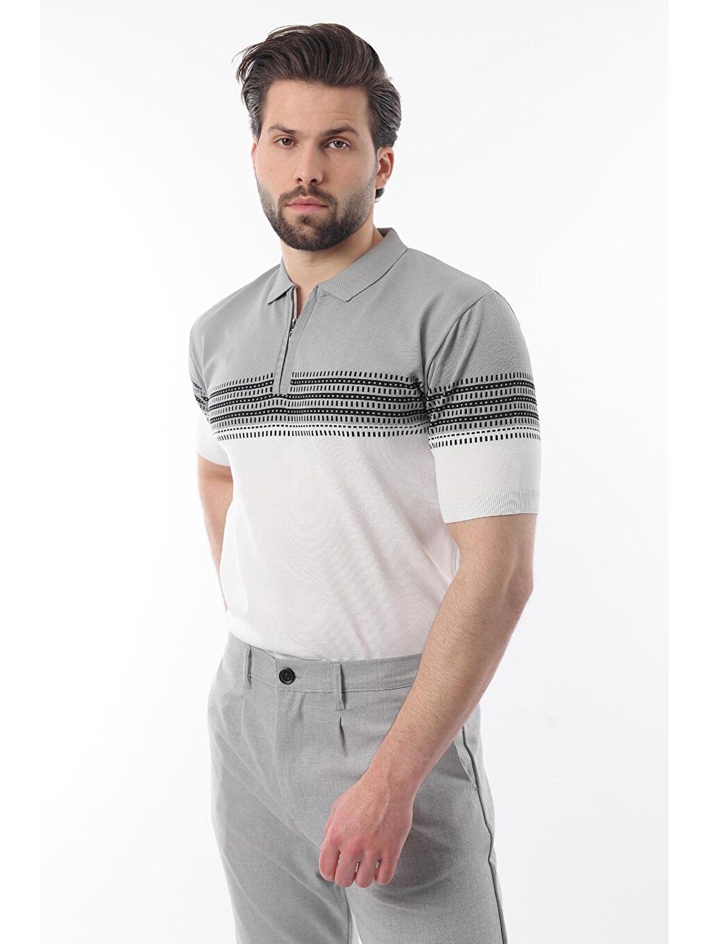 Gri Fermuarlı Polo Yaka Desenli Erkek T-Shirt E7296-3
