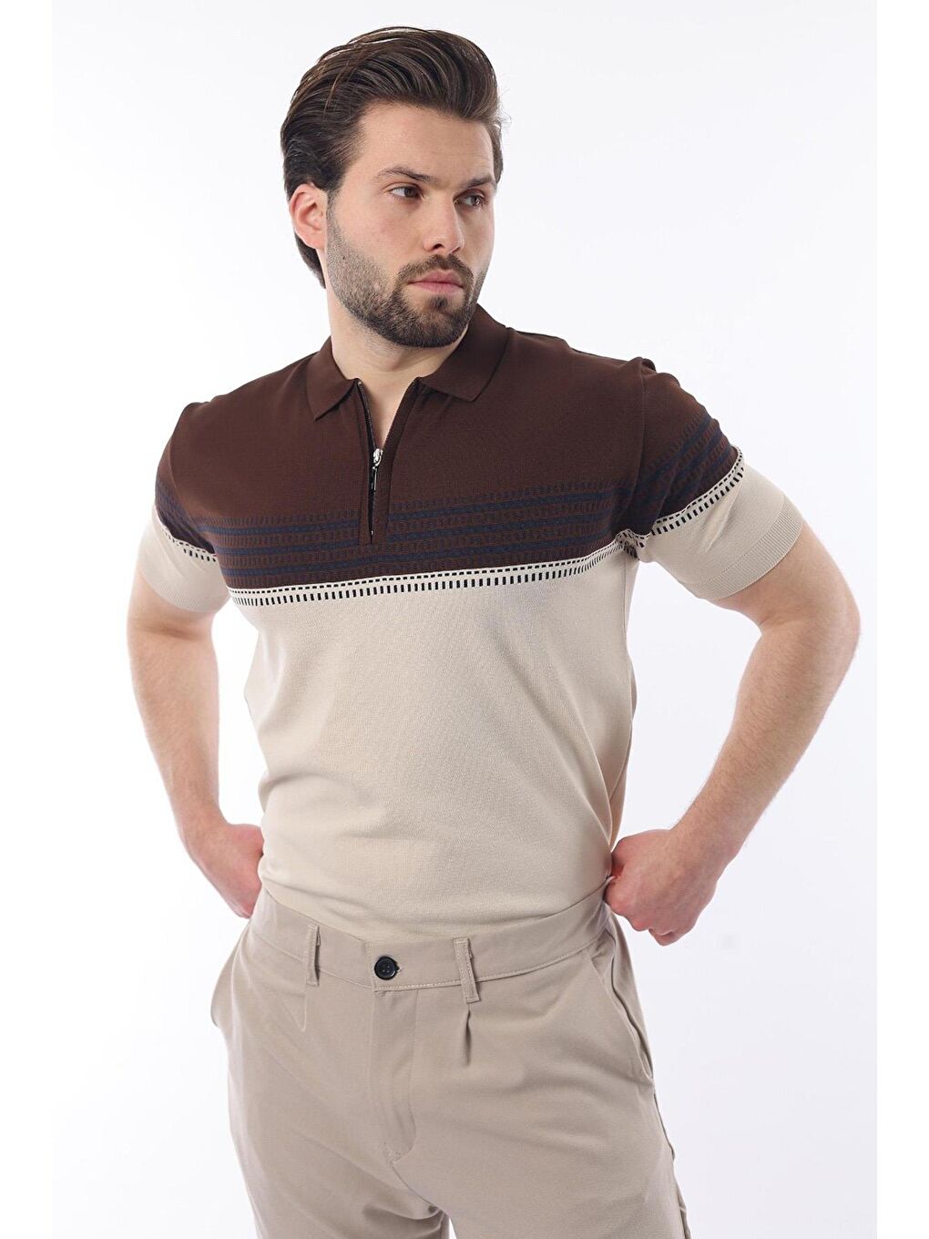 Kahverengi Fermuarlı Polo Yaka Desenli Erkek T-Shirt E7296-2