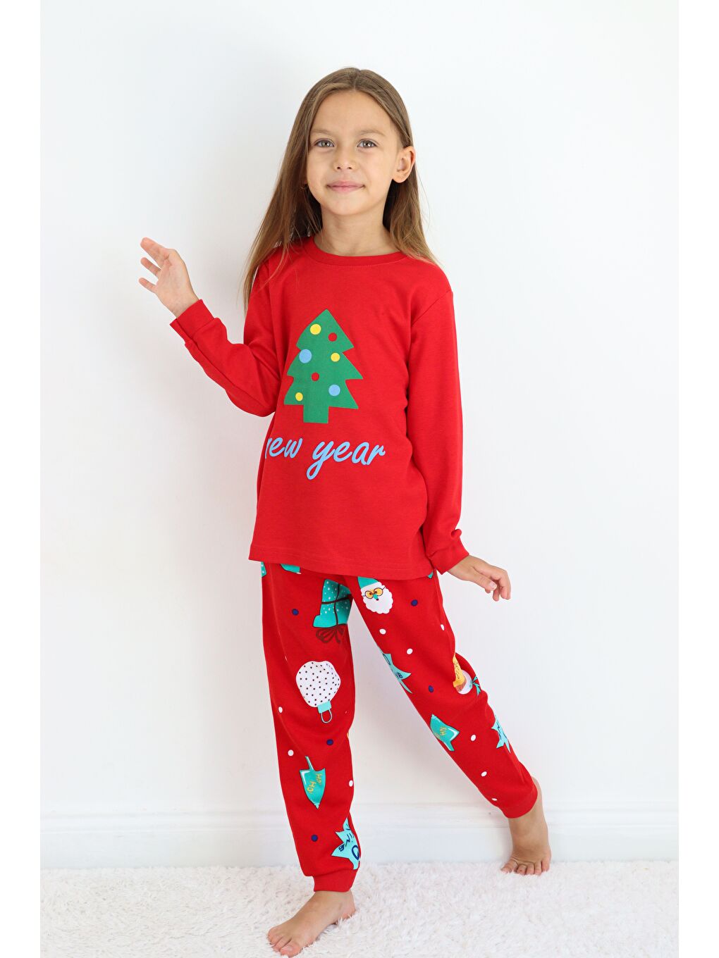 Kırmızı Kız Çocuk Orta Kalınlıkta Basic Baskılı Pijama Takımı-6