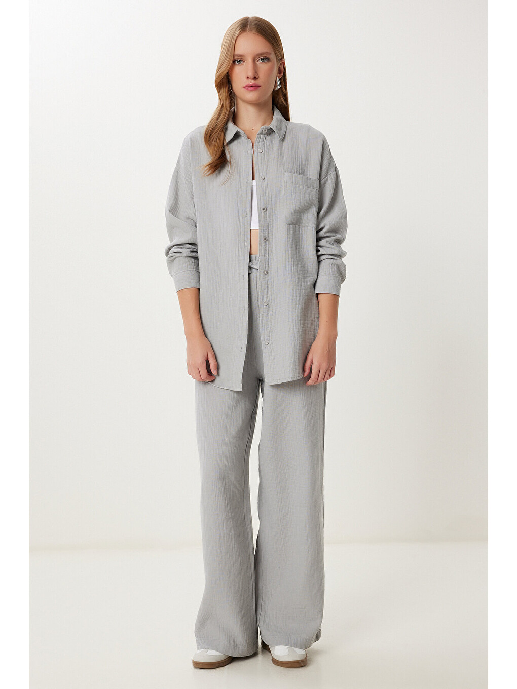 Gri Oversize Müslin Gömlek Pantolon Takım GRİ LSA0014-1