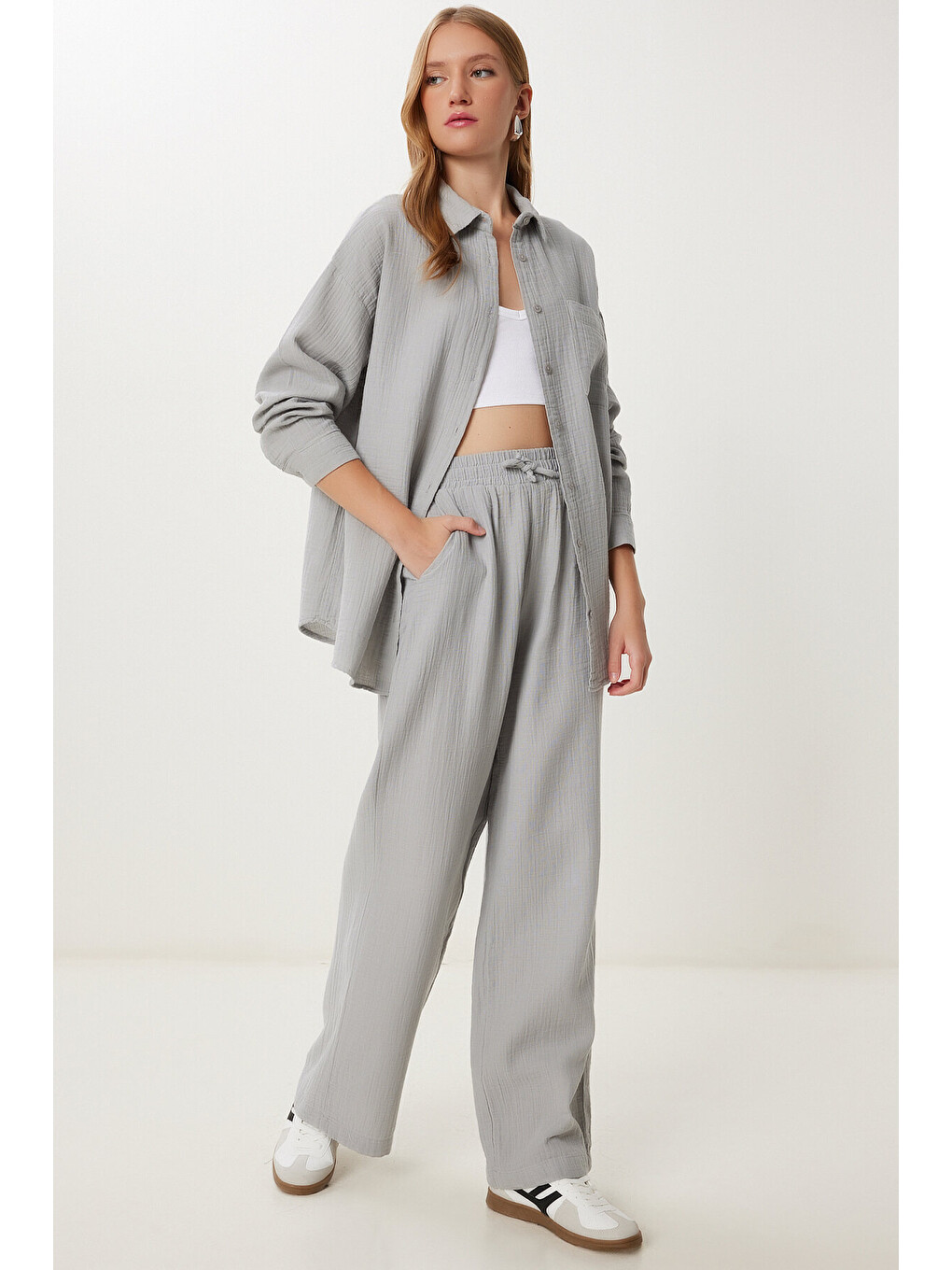 Gri Oversize Müslin Gömlek Pantolon Takım GRİ LSA0014-2