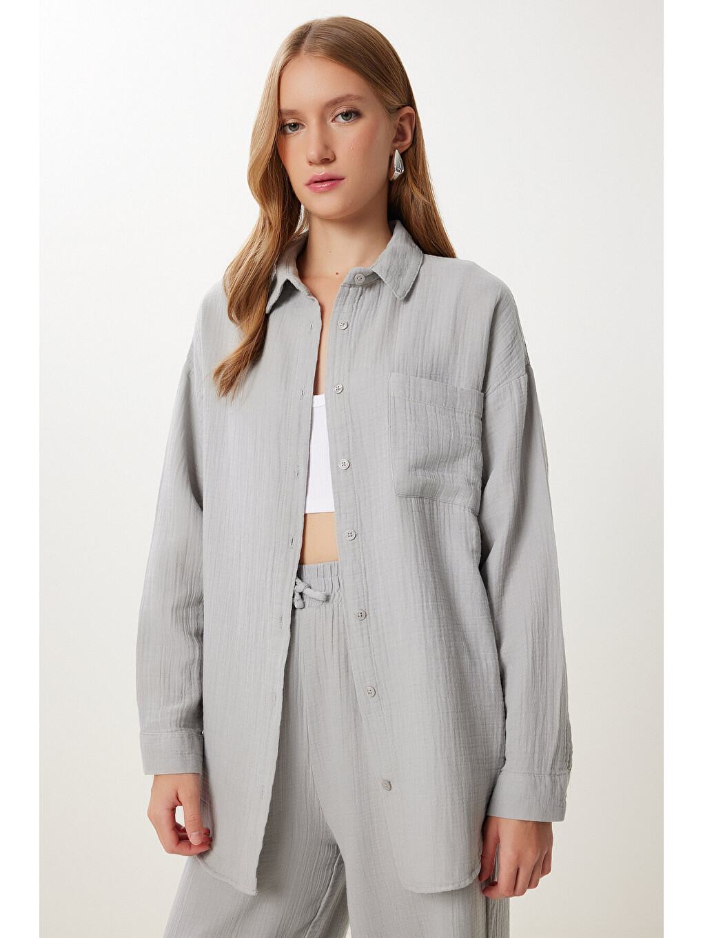 Gri Oversize Müslin Gömlek Pantolon Takım GRİ LSA0014-3