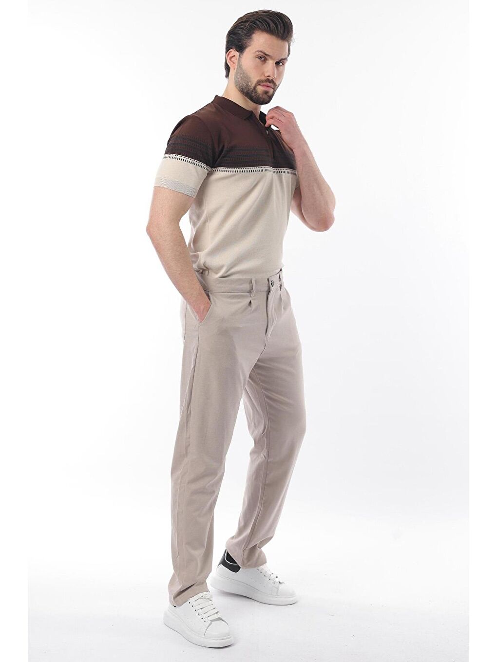 Kahverengi Fermuarlı Polo Yaka Desenli Erkek T-Shirt E7296-3