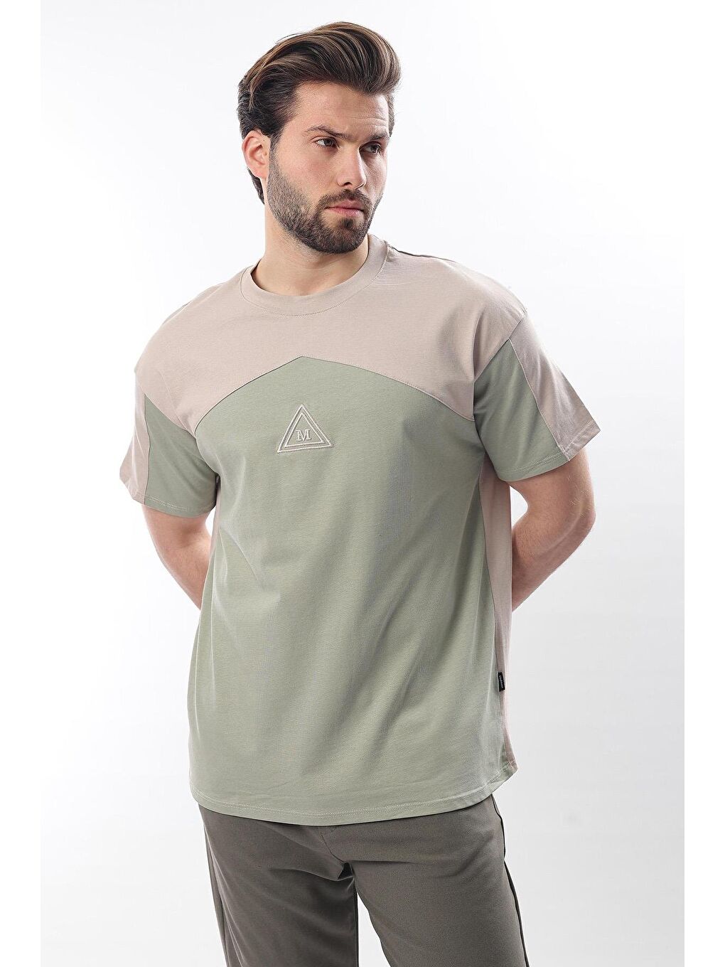 Bej Overfit Garnili Erkek %100 Pamuk Tişört E7104-1