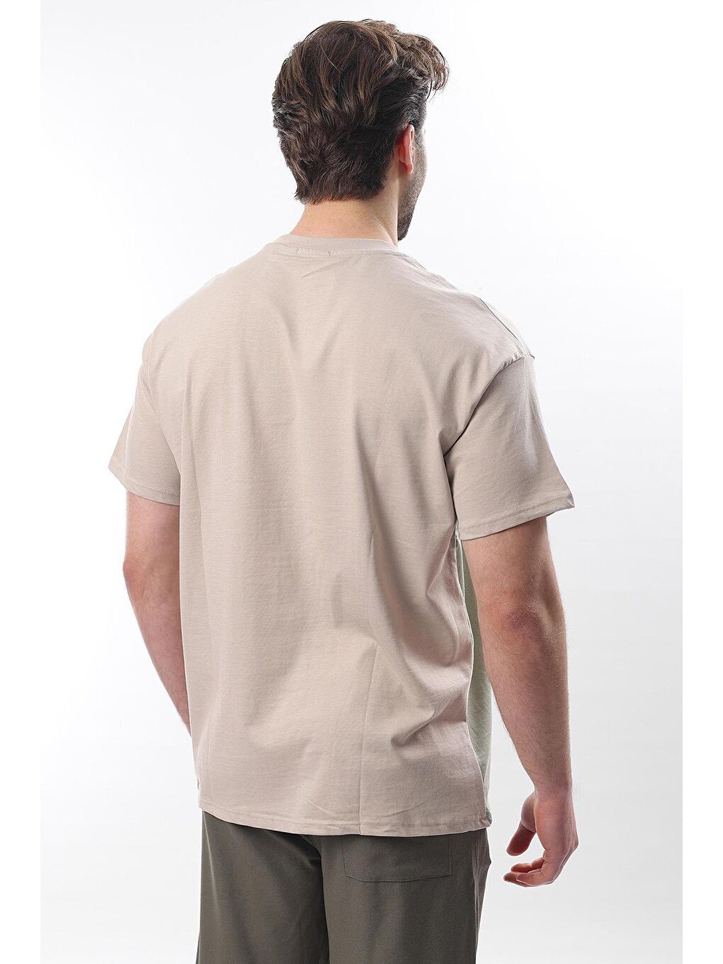Bej Overfit Garnili Erkek %100 Pamuk Tişört E7104-2