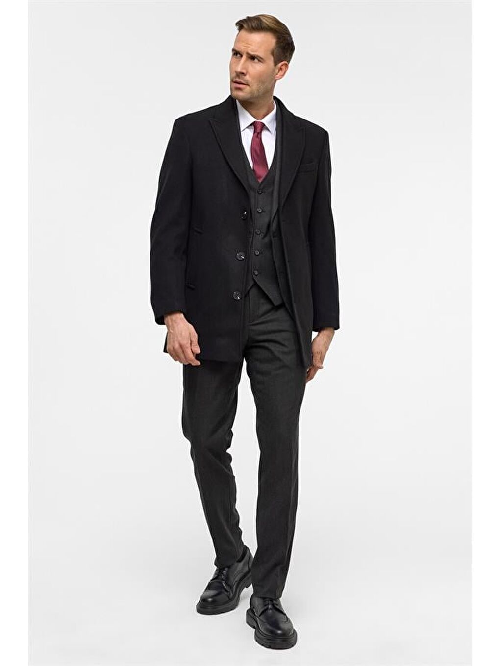 Siyah Slim Düz Sivri Yaka Kaban-3