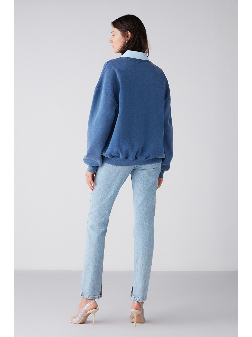Amelıa Kadın Soluk Efektli Yumuşacık Içi Polarlı Parça Baskılı Şehir Temalı Oversize Mavi Sweatshirt-5