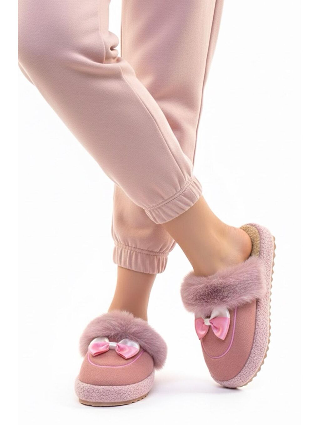 Pembe Romy Kurdela Kadın Ev Terliği Pelüş Ev Terliği Ses Yapmaz Taban Sıcak Kürklü Terlik-2