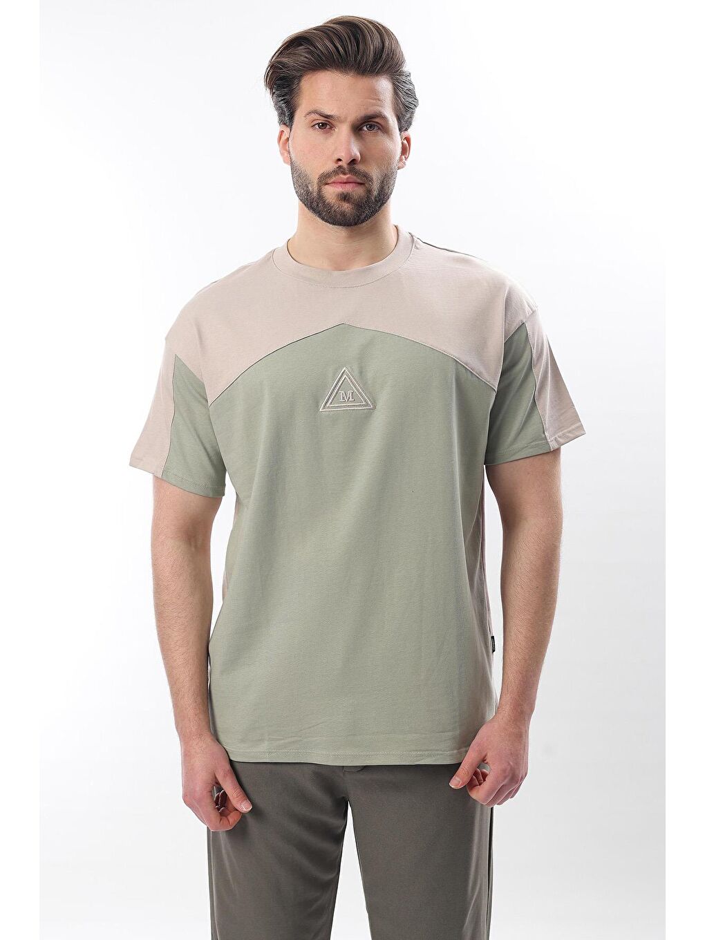 Bej Overfit Garnili Erkek %100 Pamuk Tişört E7104-3