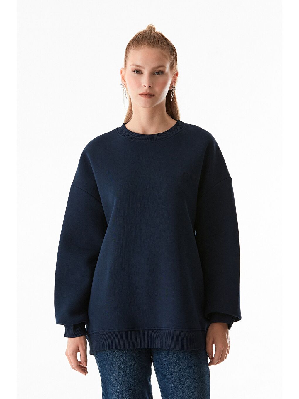 Fullamoda Lacivert Çift Kalp Nakışlı Oversize Sweatshirt