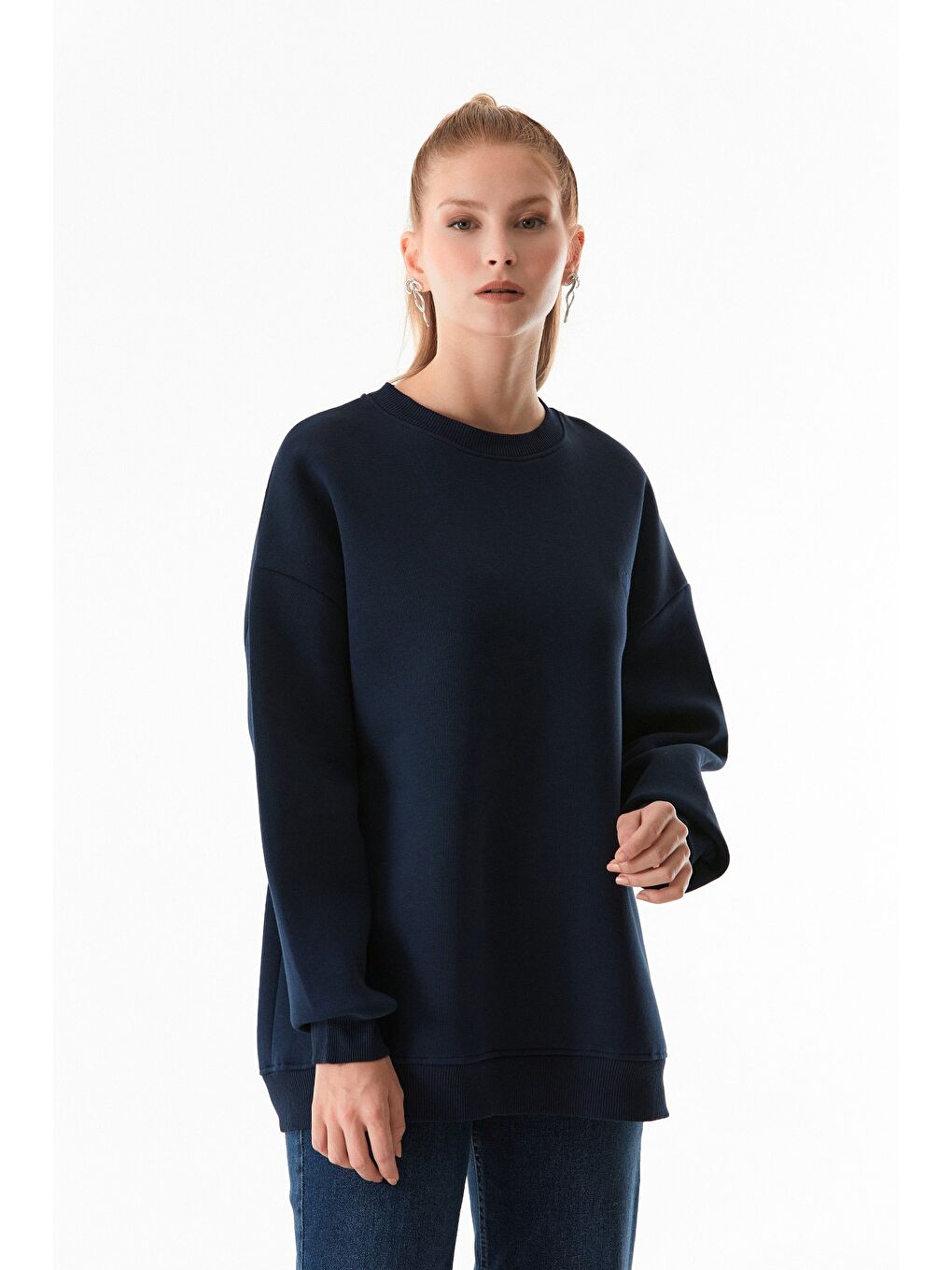 Fullamoda Lacivert Çift Kalp Nakışlı Oversize Sweatshirt - 1