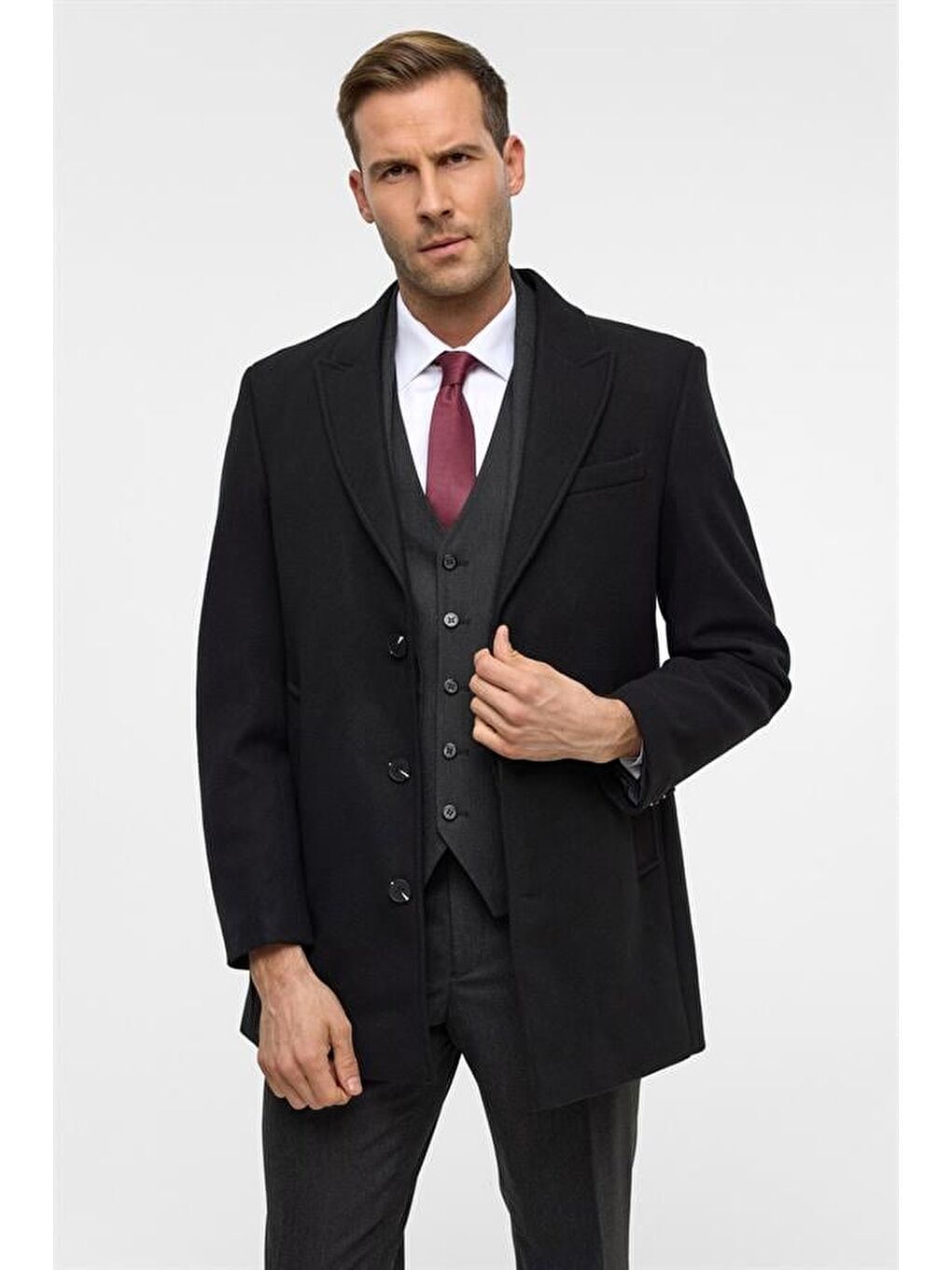 Siyah Slim Düz Sivri Yaka Kaban-5