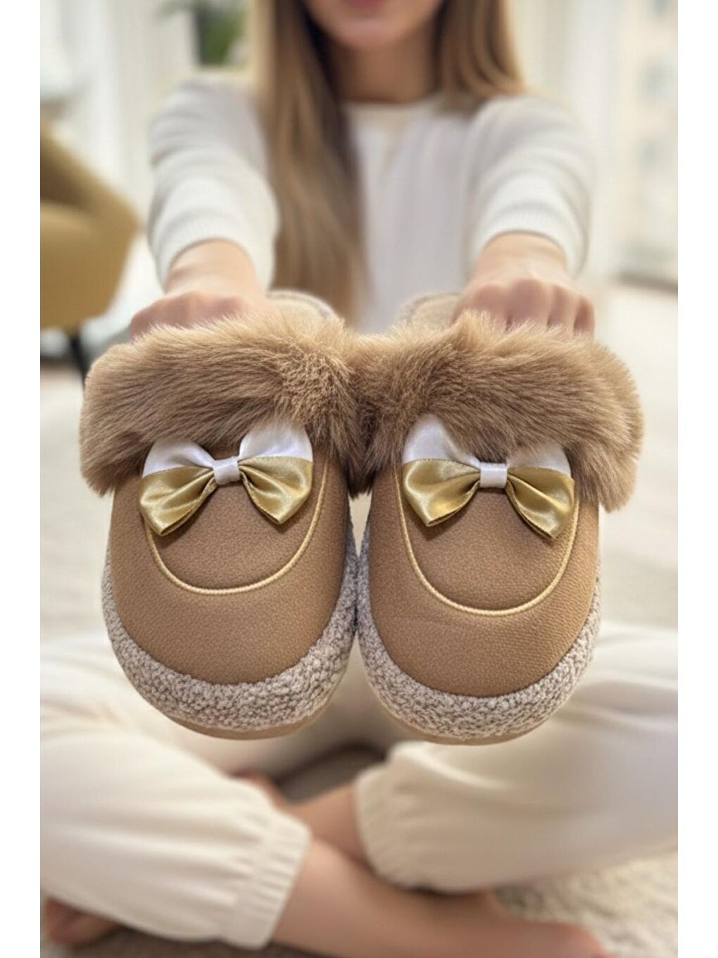 Kahverengi Romy Kurdela Kadın Ev Terliği Pelüş Ev Terliği Ses Yapmaz Taban Sıcak Kürklü Terlik-2